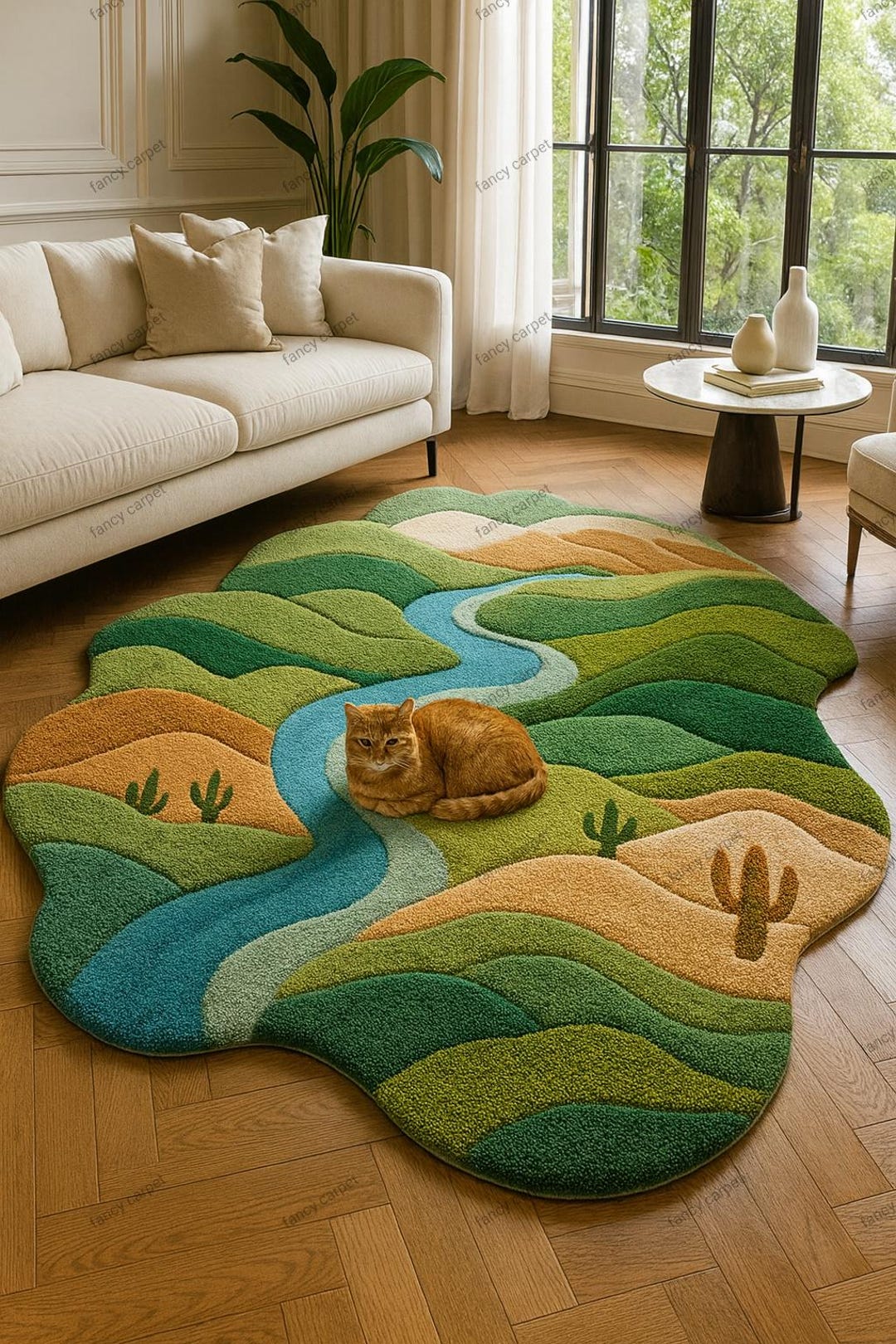 River Rug Custom Handmade Tufted River Landscape Rug – Wildflower Meadow Carpet, Nature ...