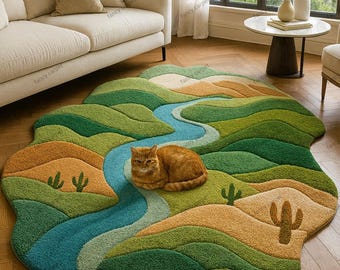 Handmade Tufted River Landscape Rug – Wildflower Meadow Carpet, Nature Scene Art Rug, Custom Scenic Area Rug for Home Decor