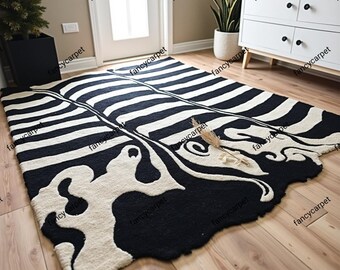 Hand-Tufted Wool Rug – Black & White Abstract, Modern Area Carpet