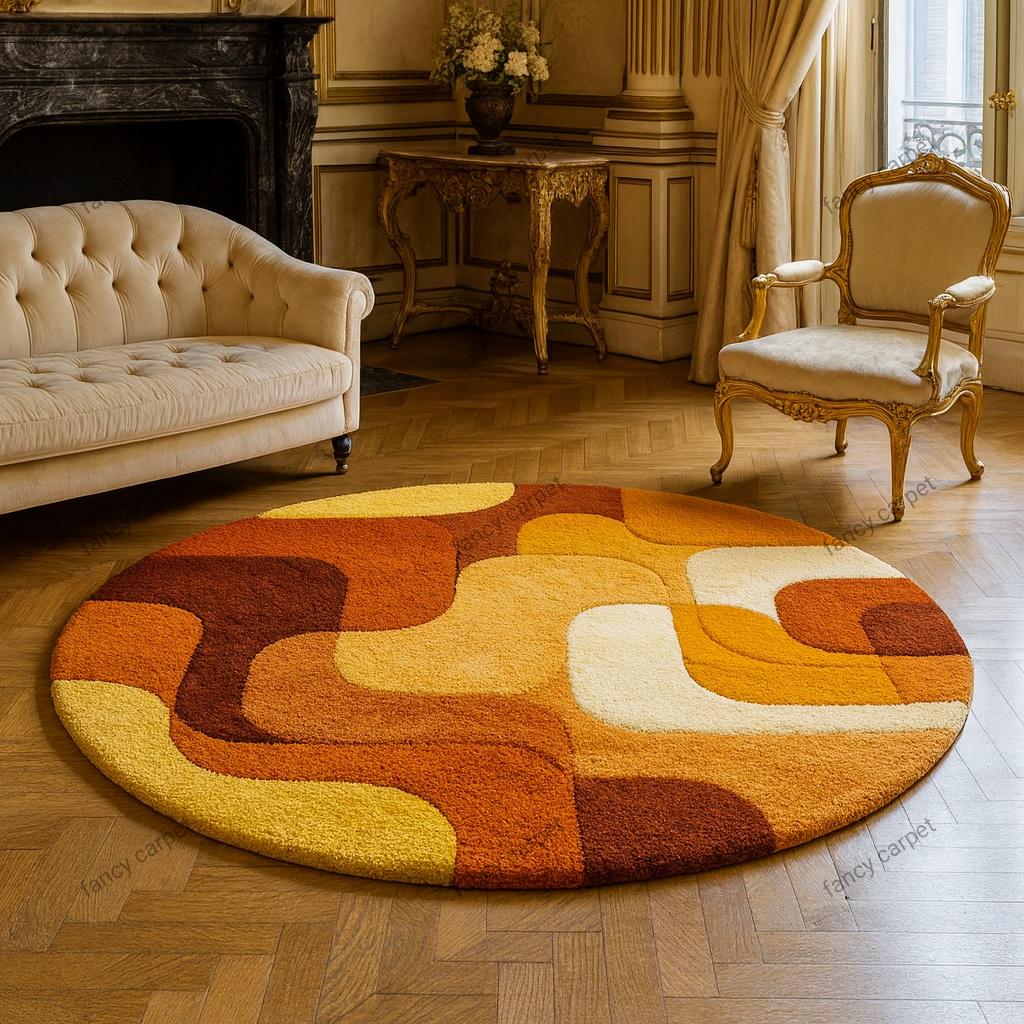 Retro Mid Century Shag Rug – 70s Geometric Orange Yellow Area