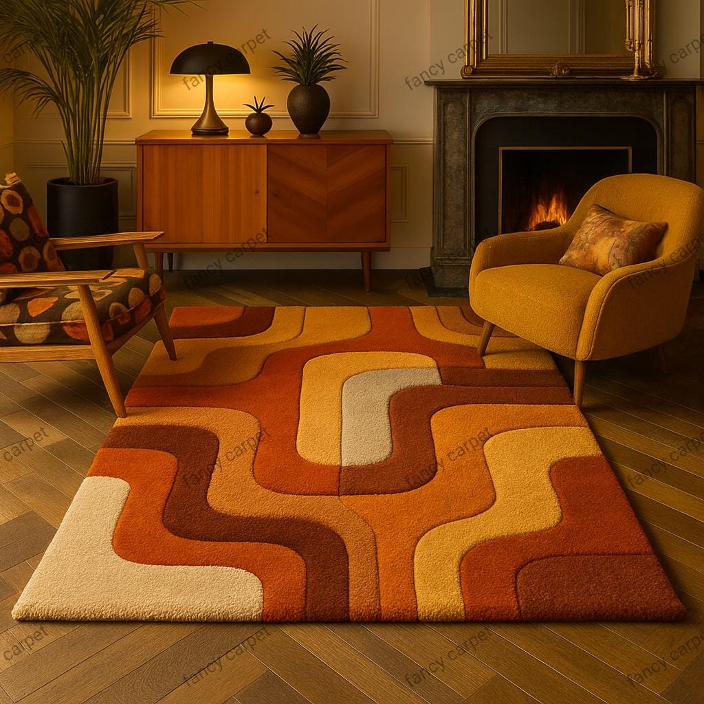 70s Geometric Shag Rug – Retro Orange & Yellow Mid-century Modern