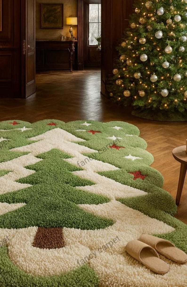 Bring festive charm to your home with this handmade tufted Christmas Tree rug! Crafted with care from soft, high-quality yarn, this tree-shaped plush carpet adds warmth and holiday cheer to any space. Perfect for your living room, bedroom, or entryway, it’s a cozy and stylish accent for the winter season.