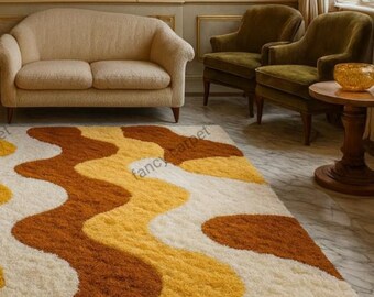 Handmade Tufted Shag Rug – Retro 70s Wavy Mustard Orange Cream - Etsy