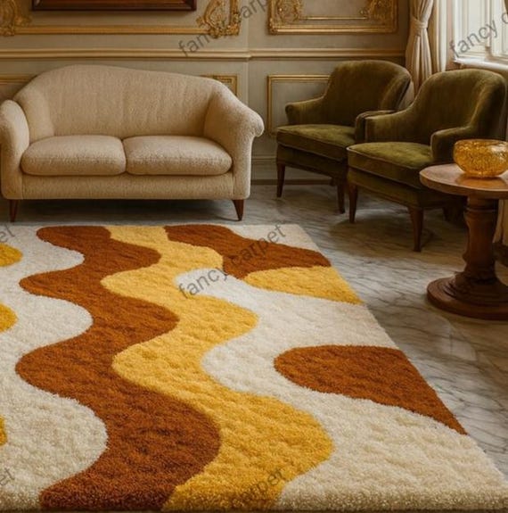 Handmade Tufted Shag Rug – Retro 70s Wavy Mustard Orange Cream - Etsy