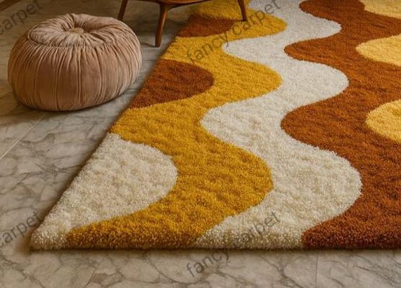 Handmade Tufted Shag Rug – Retro 70s Wavy Mustard Orange Cream - Etsy