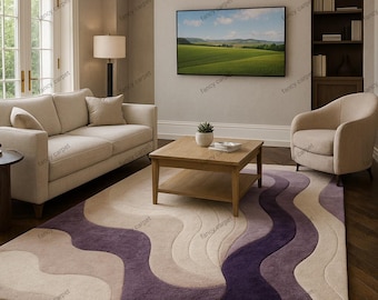 Lavender Abstract Rug | Wavy Edge Sculptural Tufted Carpet | Modern Handmade Art Rug for Living Room & Bedroom Decor