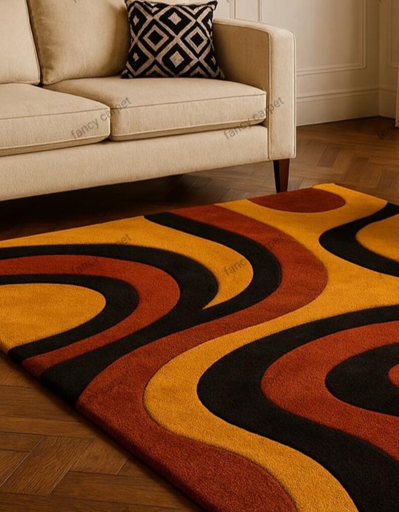 Add a touch of retro charm to your space with our Retro 70s Geometric Wave Rug – a Mid Century Modern tufted shag carpet featuring bold wavy patterns and rich vintage hues. Perfect as a groovy boho accent rug for your living room, bedroom, or lounge, this handmade floor decor blends nostalgic 70s style with cozy modern comfort.