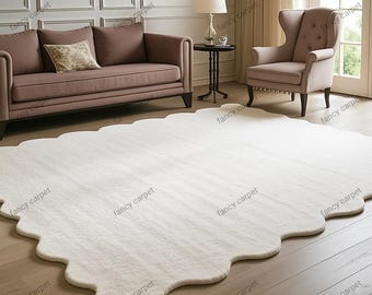 Handmade Scalloped White Wool Rug – Tufted Area Carpet, Plush Organic Texture, Modern Floor Decor for Living Room, Bedroom, or Nursery