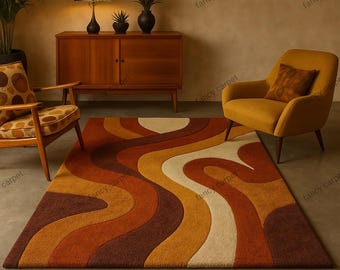 Jaren 70 geometrisch hoogpolig vloerkleed – retro oranje en geel tapijt uit het midden van de eeuw