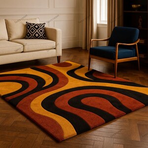 Add a touch of retro charm to your space with our Retro 70s Geometric Wave Rug – a Mid Century Modern tufted shag carpet featuring bold wavy patterns and rich vintage hues. Perfect as a groovy boho accent rug for your living room, bedroom, or lounge, this handmade floor decor blends nostalgic 70s style with cozy modern comfort.