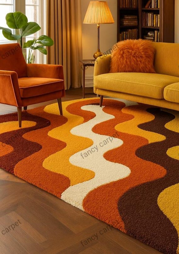 Geometric 70s Shag Rug – Retro Orange & Yellow Plush Carpet - Etsy