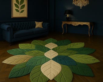 Handmade Leaf Shaped Rug | Tufted Green Carpet, Eco-Friendly Decor