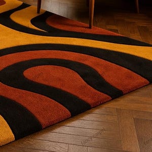 Add a touch of retro charm to your space with our Retro 70s Geometric Wave Rug – a Mid Century Modern tufted shag carpet featuring bold wavy patterns and rich vintage hues. Perfect as a groovy boho accent rug for your living room, bedroom, or lounge, this handmade floor decor blends nostalgic 70s style with cozy modern comfort.