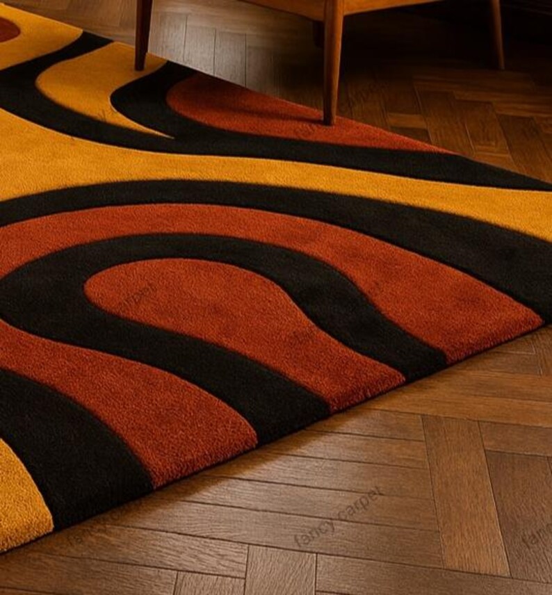 Add a touch of retro charm to your space with our Retro 70s Geometric Wave Rug – a Mid Century Modern tufted shag carpet featuring bold wavy patterns and rich vintage hues. Perfect as a groovy boho accent rug for your living room, bedroom, or lounge, this handmade floor decor blends nostalgic 70s style with cozy modern comfort.