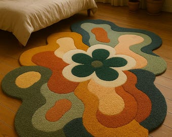 Tappeto di design irregolare a forma di fiore, dai colori vivaci, multicolore, in lana annodata a mano, verde beige, 4x6, 5x8, 6x9, 7x10, 8x10.