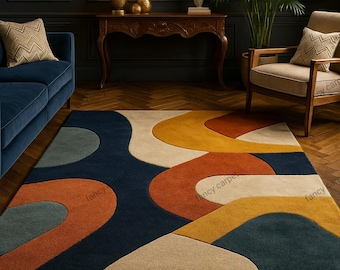 Hand Tufted Wool Area Rug | Burnt Orange Geometric, Mid Century Modern Carpet