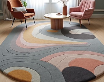Tappeto di design multicolore ovale fatto a mano in lana, tappeto di design per soggiorno, sala da pranzo, corridoio, cameretta dei bambini, dimensioni 4×6, 5×8, 8×10