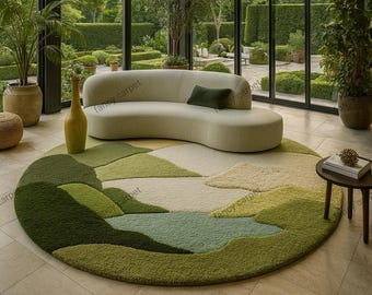 Handmade Green Landscape Rug – Tufted Wool Shag, Modern Home Decor