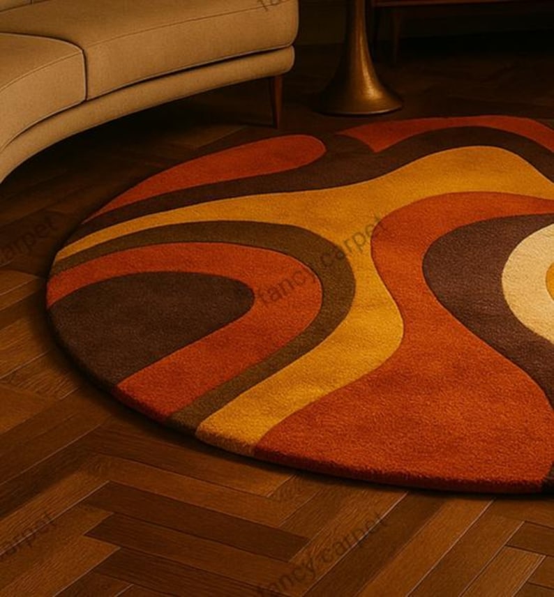 Retro Mid Century Shag Rug – 70s Geometric Orange Yellow Area Carpet ...