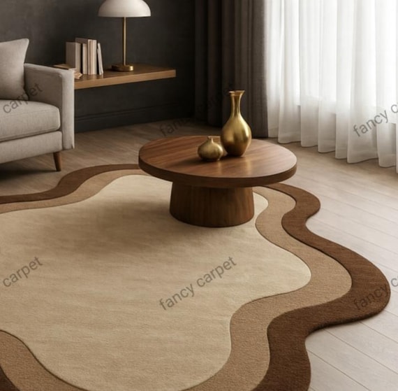 ハンドタフテッドウールラグ - チョコレートブラウンのアメーバ型