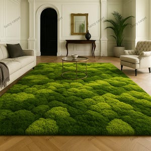 Moss Tufted Rug – Plush Green High Pile Carpet, Nature-Inspired Handmade Wool Area Rug, Boho Cottagecore Living Room Bedroom Decor