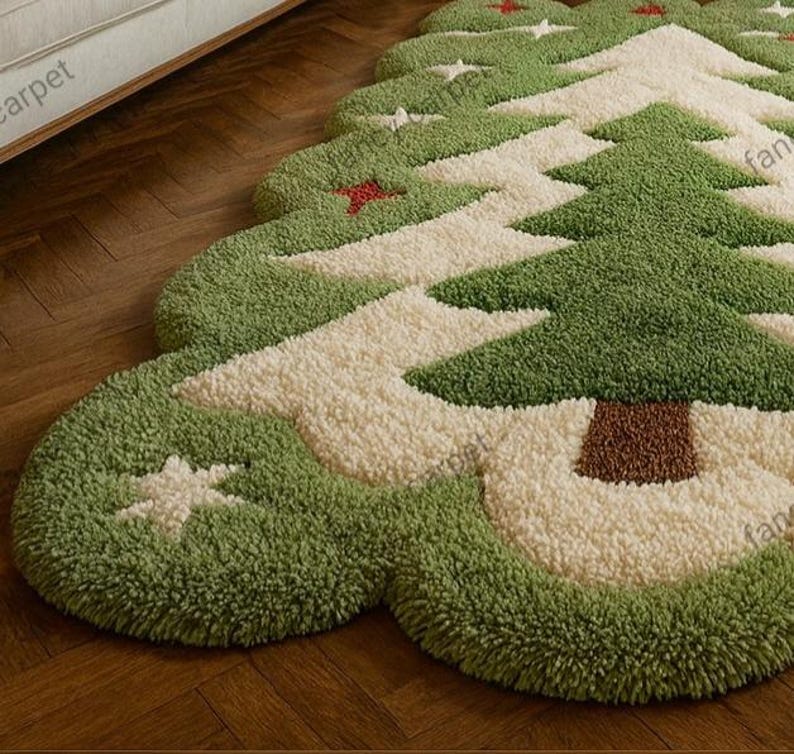 Bring festive charm to your home with this handmade tufted Christmas Tree rug! Crafted with care from soft, high-quality yarn, this tree-shaped plush carpet adds warmth and holiday cheer to any space. Perfect for your living room, bedroom, or entryway, it’s a cozy and stylish accent for the winter season.