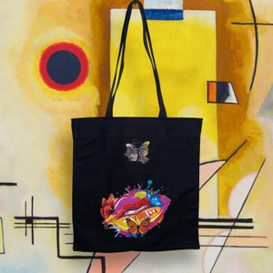 Zwarte canvas draagtas: handgemaakt vinylontwerp, duurzame katoenen bandjes