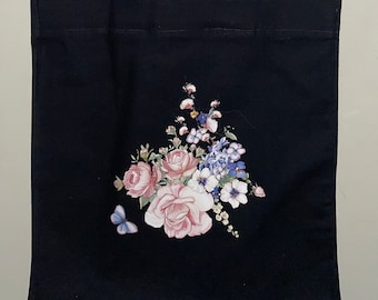 Floral Black Canvas Tote Bag: Handmade Vinyl Design