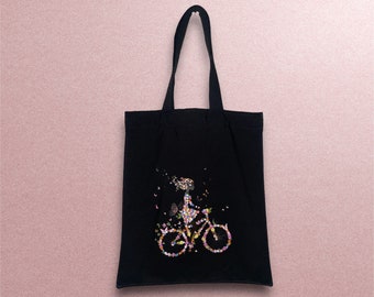 Black Tote Bag with Vinyl Floral Bicycle Design