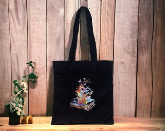 Handmade Black Cotton Canvas Tote Bag: Vinyl Book & Butterfly Design