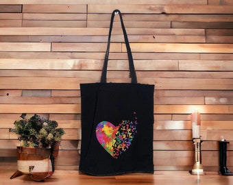 Black Cotton Blend Tote Bag: Heart Butterfly Vinyl Design