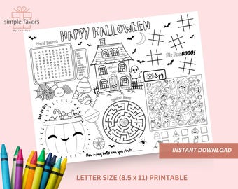 May include: A black and white printable Halloween activity sheet with a word search, connect the dots, maze, and a 'I Spy' game. The sheet features a haunted house, bats, candy, and ghosts. The text on the sheet reads 'Happy Halloween' and 'Tie Tac Boo!'