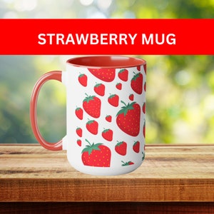 Strawberry Mug. Strawberries. Two-Tone Coffee Mugs, large 15oz. Gift cottagecore style. Strawberry fruit cup.