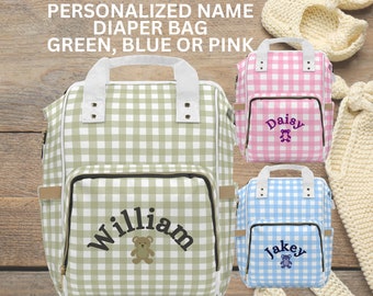 Gingham Windel Rucksack Kollektion | Salbei Olivgrün, Blau & Pink Optionen | Baby Name Personalisierung verfügbar | Windeltasche