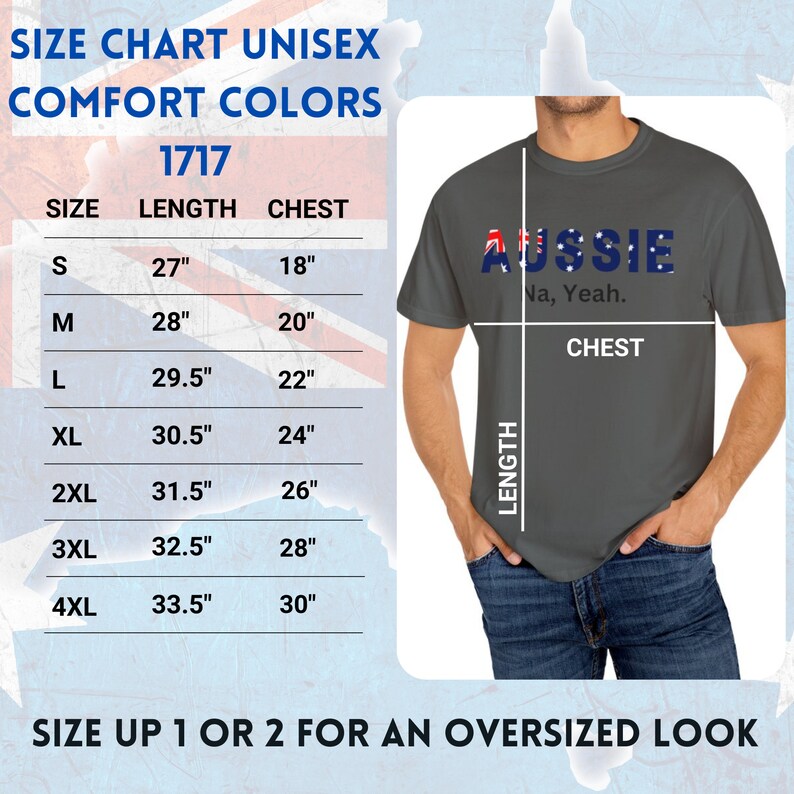 Puede incluir: Una camiseta unisex gris con la palabra "AUSSIE" en letras azules y la bandera australiana incorporada en el dise&ntilde;o. El texto "Na, Yeah" est&aacute; debajo. Se incluye una tabla de tallas, con medidas en cm para el pecho y la longitud.