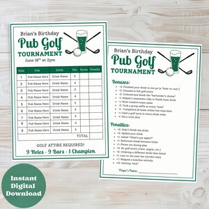 Invitación de cumpleaños editable de pub de golf, tarjeta de puntuación, invitación de recorrido por bares de golf, par para adultos, plantilla de putt, descarga digital instantánea