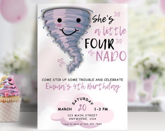 Editable FOURnado Birthday Invitation Tornado Birthday Invite Girl Forth Birthday Printable Weather 4 year Template Instant Digital Download