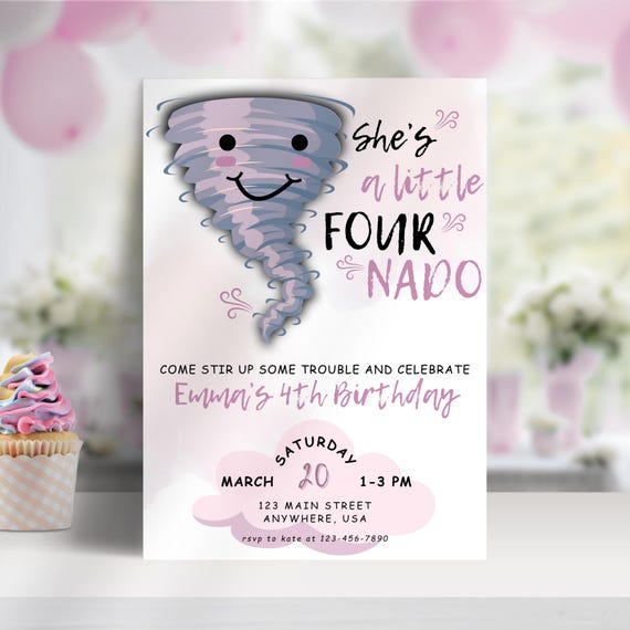 Editable FOURnado Birthday Invitation Tornado Birthday Invite Girl Forth Birthday Printable Weather 4 year Template Instant Digital Download