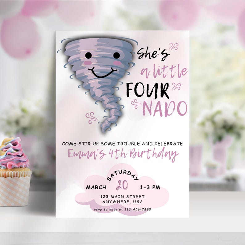 Editable FOURnado Birthday Invitation Tornado Birthday Invite Girl Forth Birthday Printable Weather 4 year Template Instant Digital Download