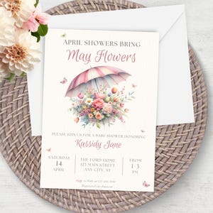April-douches brengen mei bloemen babyshower uitnodiging, bewerkbare lentefeest uitnodiging elegante bloemen strooi digitale download