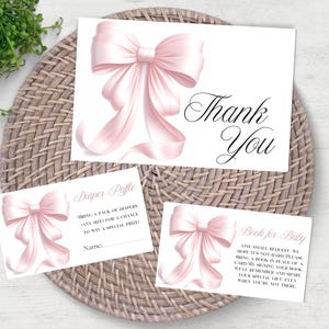 Blush rosa Schleife-Baby-Dusche-Einladung, Mädchen kokett Danke Karte Windel Raffle Buch für Baby Minimal elegante Sofortiger digitaler Download