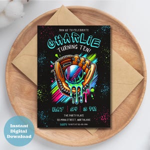 Baseball Drip Ice Cream Birthday Invitation Editable Softball Party Invite Neon Sport Allstar Pool Party Rookie Instant Digital Download