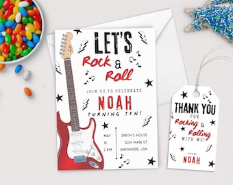 May include: A white birthday invitation with a red electric guitar, black musical notes, and the text "Let's Rock & Roll". The invitation is for Noah's 10th birthday party. The party is on May 12th at 2 PM at Smith's House, 1234 Main St, Anywhere, USA.
