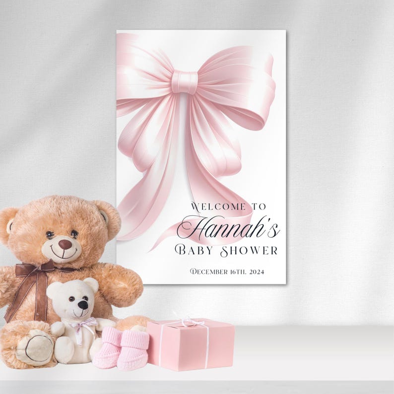 Różowa kokardka na powitanie na baby shower Nowoczesny różowy rumieniec na wejściu Kokietka Elegancka dziewczynka Canva Edytowalna Natychmiastowa cyfrowa wersja do pobrania zdjęcie 3