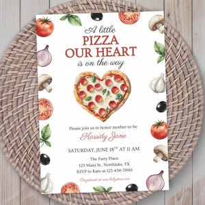 Faire-part de fête prénatale modifiable Pizza Our Heart, invitation de saupoudrer de pizza et de tétines, livraison spéciale tranche neutre en téléchargement numérique