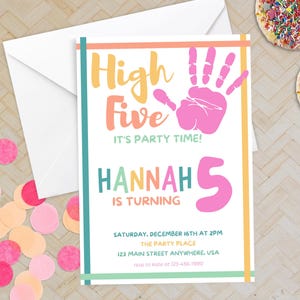 Hi Five Geburtstagseinladung, bearbeitbare High Five-Einladungsvorlage, druckbare Hi Five-Einladung, Mädchen-fünfter Geburtstag, bunter Sofort-Download