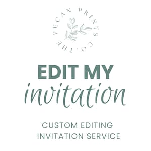 May include: A green and white logo for The Pecan Prints Co. with a leafy branch design. The text below reads "Edit My Invitation" in a dark green color. The text "Custom Editing Invitation Service" is in a lighter green color.
