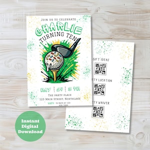 Puede incluir: Invitación a una fiesta de cumpleaños con temática de golf con el texto "Charlie Turning Ten". El diseño presenta una pelota de golf en un tee con un palo de golf, y salpicaduras verdes y amarillas. Incluye códigos QR y detalles del evento.