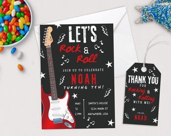 May include: Black invitation with a red and white electric guitar graphic, text "LET'S Rock & Roll" and event details. A matching tag reads "THANK YOU for Rocking & Rolling with me!" and "From, Noah."