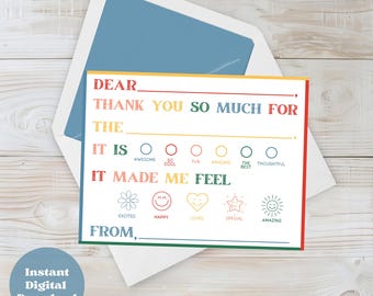Printable Kids Fill-in-the-Blank Thank You Cards Emotion-Filled Notes for Birthday Parties & Gratitude Practice Instant Digital Download